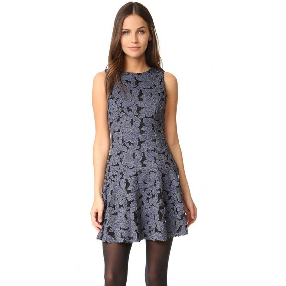 ALICE + OLIVIA Fonda Black & Blue Textured Floral-Lace Drop-Waist Dress sz 0 - Picture 1 of 12